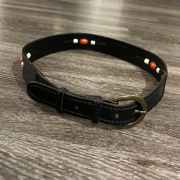 Vintage L.L.Bean Black Leather Beaded Belt Sz L Brass Buckle Western Boho Unisex - Picture 5 of 12